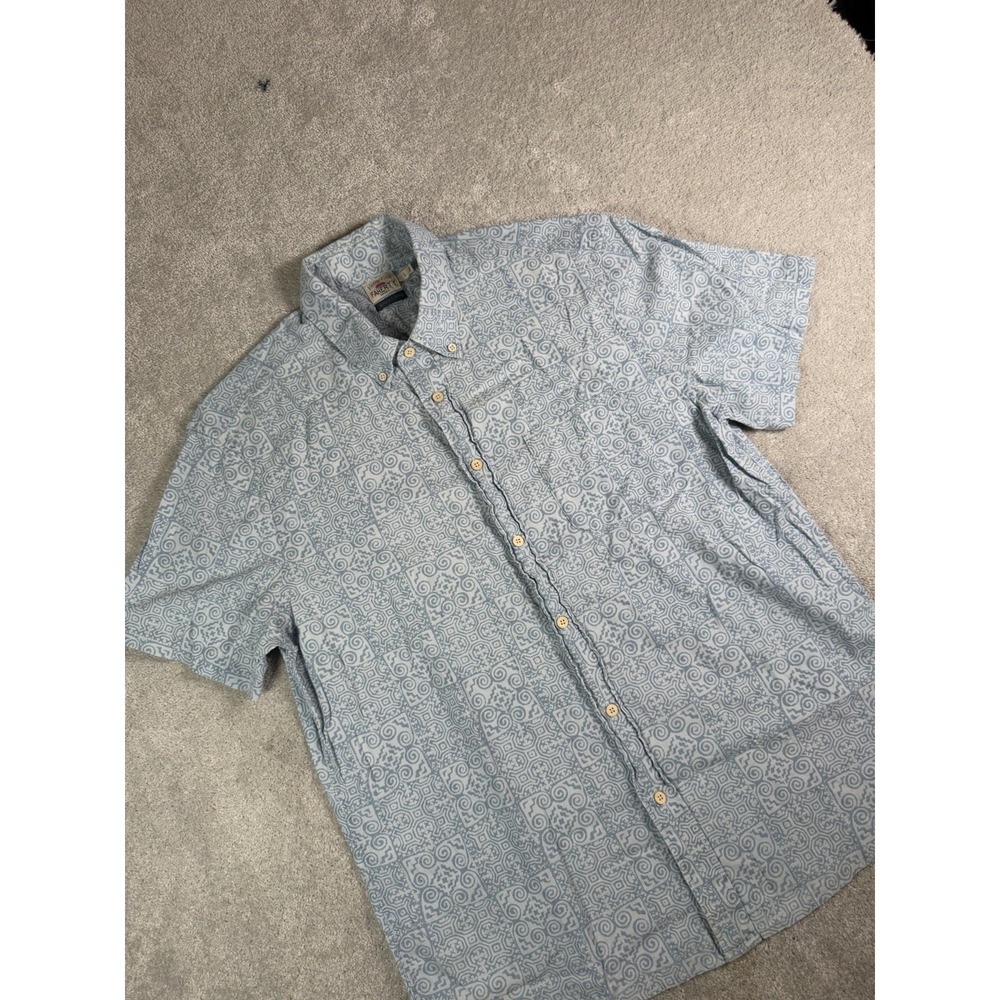 Faherty Indigo Dyed Blue Geometric All Over Pattern S/S Button Mens L Camp Shirt